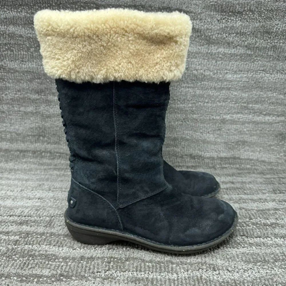 UGG Karyn Black Suede Sheepskin Boots US 7 Shearling Fur Cuff 1005449